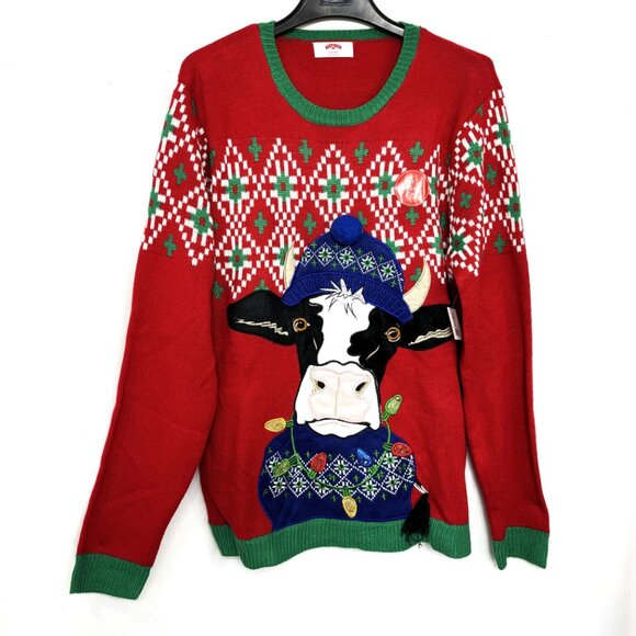 Holiday Time Men's Light Up Cow Ugly Christmas Sweater Large NWT - Picture 1 of 15